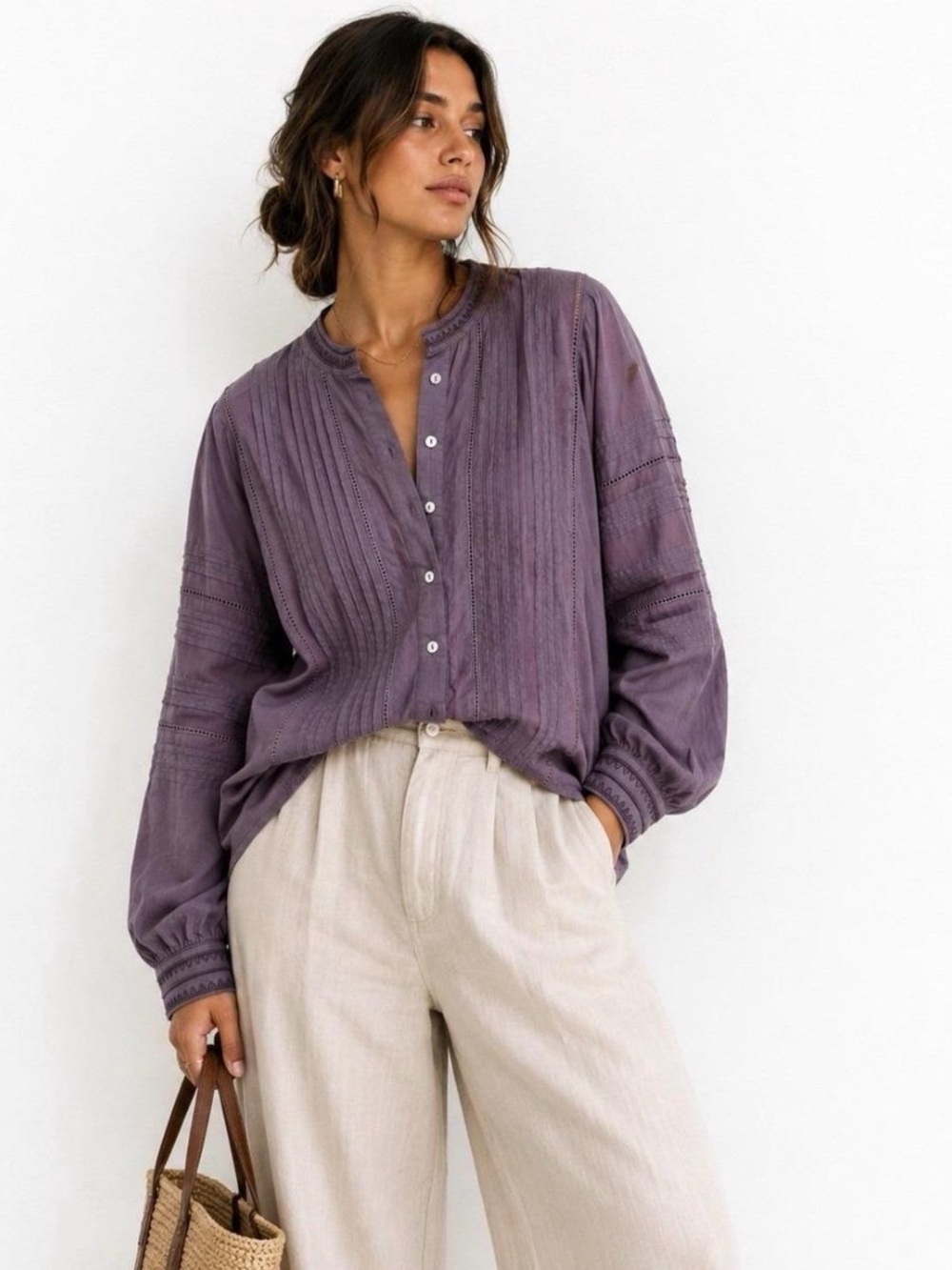 Ex Voto Purple 100% Cotton Long Sleeve Pintuck Lace Trim Blouse Cottagecore Boho